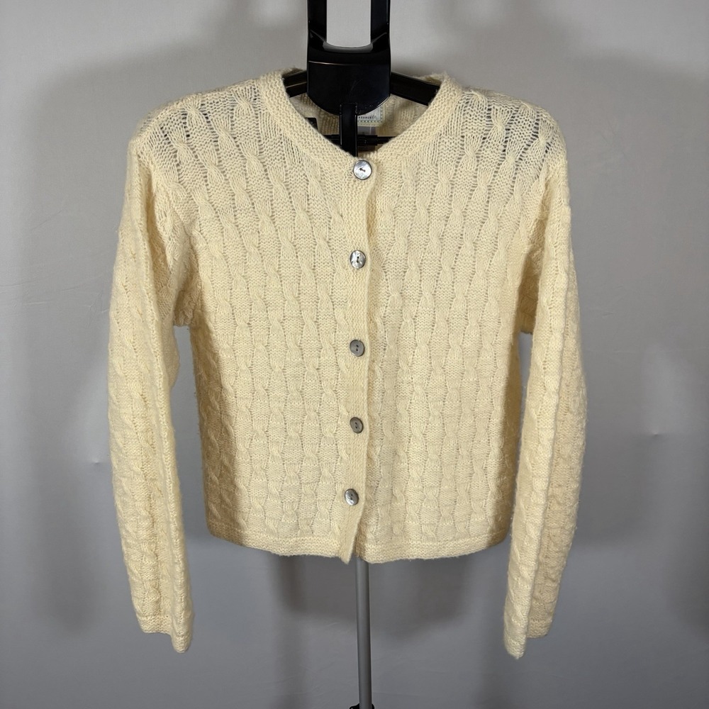 Susan Bristol Small Wool Blend Cream Fisherman Cardigan Chunky Minimal Feminine